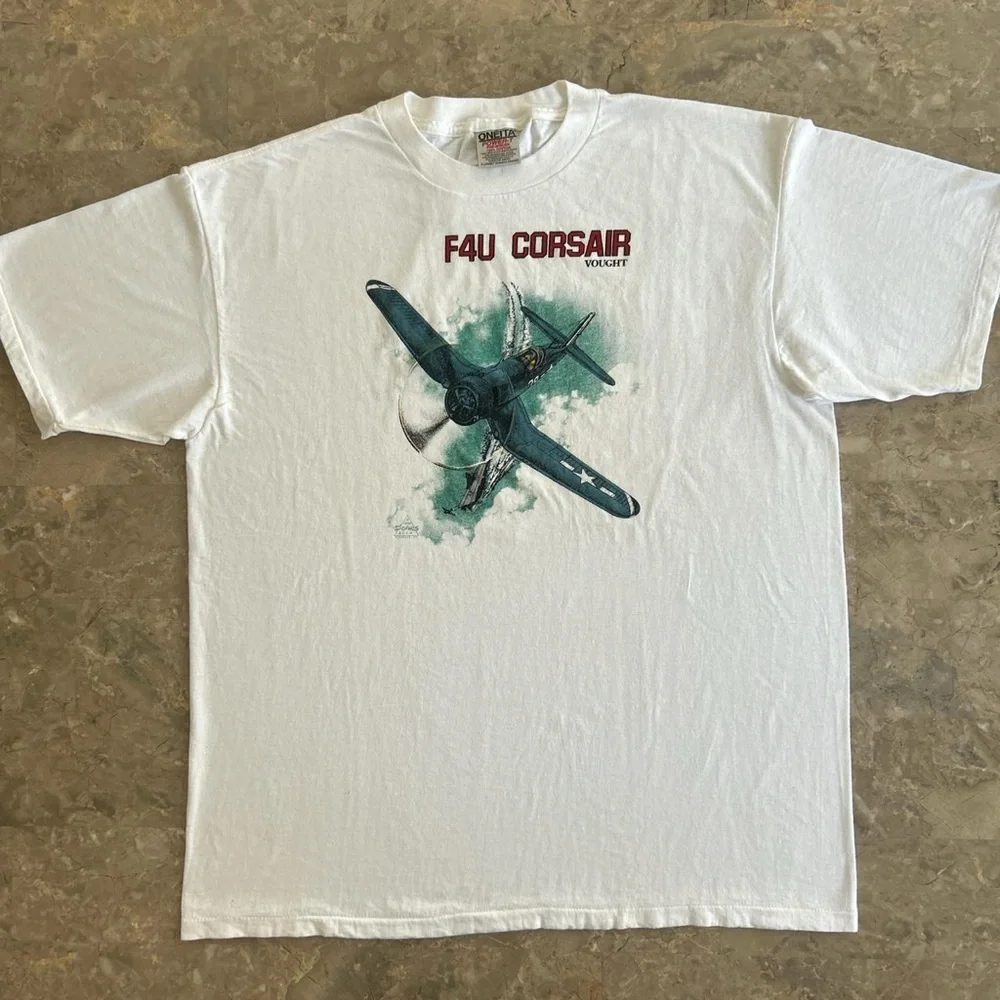 Vintage 1993 F4U Corsair Fighter Jet Graphic T-Shirt Oneita Power-T XL